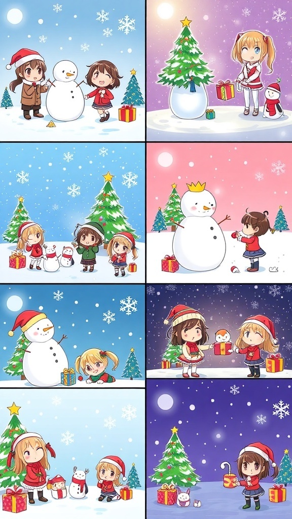 Anime Christmas Wallpaper Collection A collage of cute anime characters celebrating Christmas with snowflakes, Christmas trees, and festive decorations.